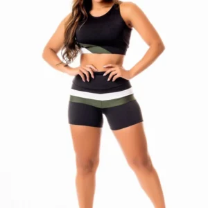 Short Preto com Branco e Verde Militar Cintura Alta e Cropped Regata Preto com Verde e Branco Conjunto Fitness Feminino | REF: CSV28