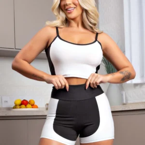 Short Preto com Branco Cintura Alta e Cropped Alcinha Academia Conjunto Fitness Feminino | REF: CSV24