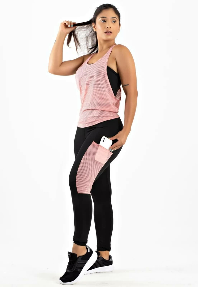 Calça Legging com Bolso em Tela Dry + Regata de Tela + Top Tomara que Caia Preto com Rosé Conjunto Fitness | REF: FRD3 - Imagem 4
