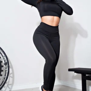 Fitness Cropped Manga Longa e Calça Legging Preto Conjunto Fitness | REF: LX103