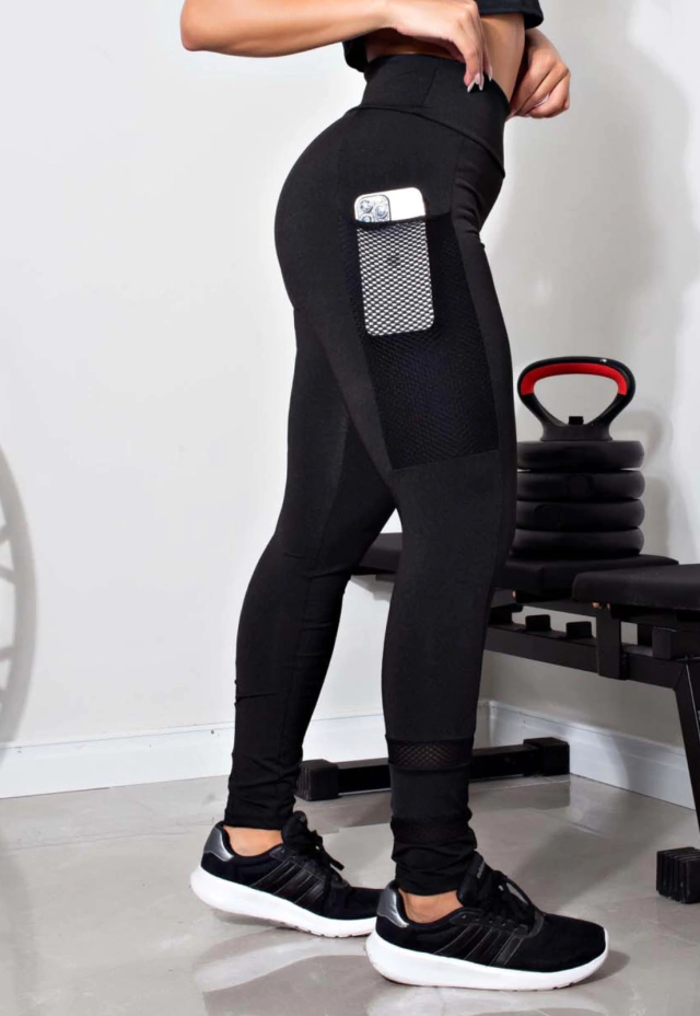 Calça Com Bolso em Tela Legging Fitness Preta | REF: LX83