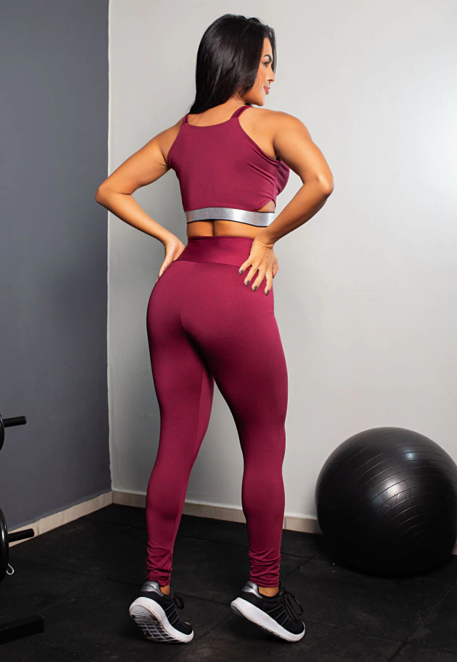 Conjunto Fitness Calça Legging Cintura Alta + Cropped Alcinha Marsala com Elásticos | REF: CCA5 - Imagem 2