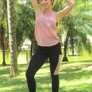 Calça Legging com Bolso em Tela Dry + Regata de Tela + Top Tomara que Caia Preto com Rosé Conjunto Fitness | REF: FRD3
